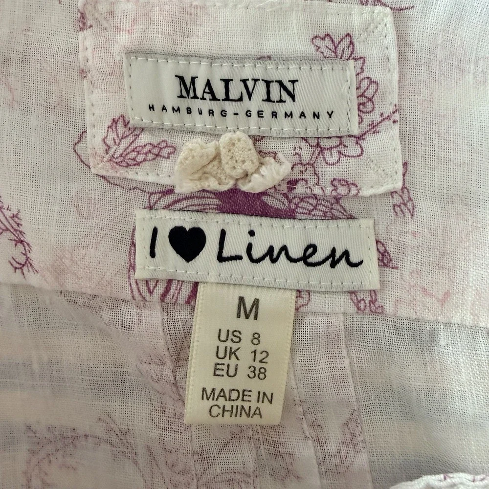 Malvin White Linen Purple Floral Notch Neck 3/4 Roll Tab Sleeve Tunic Top Medium